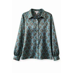 Soft Surroundings XL Button Front Blouse Blue Brown Geometric Top Career Office